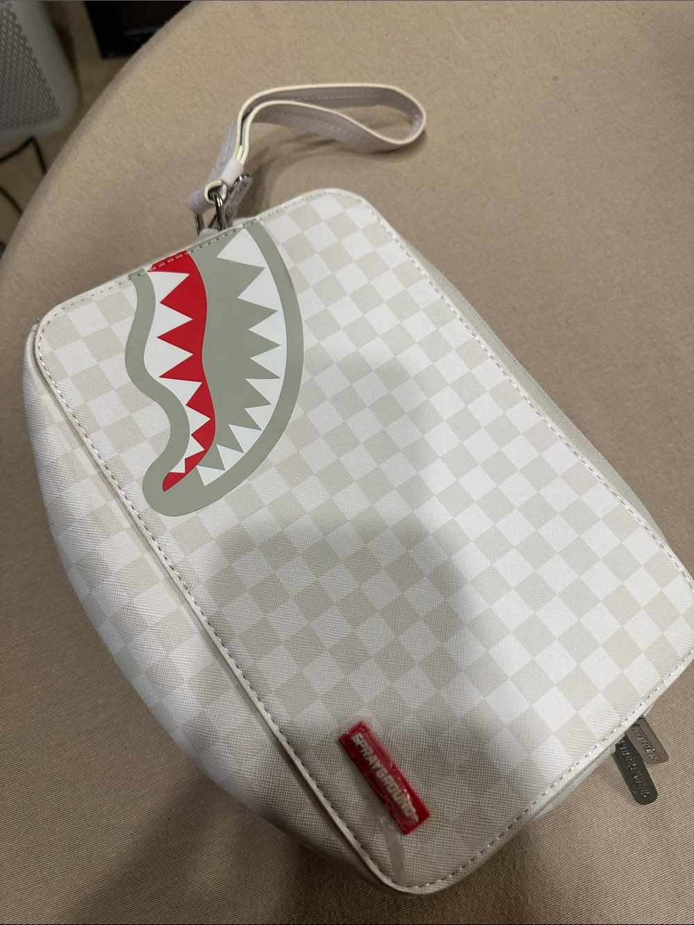Sprayground White Checkered Toiletry Pouch with Shark Graphic